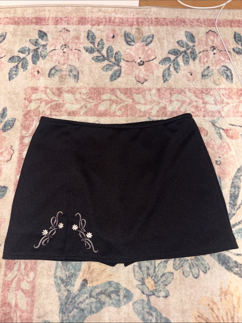 Black Mini Skirt with White Floral Embroidery
